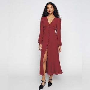 NWOT Reformation Brogan V neck Button Up Midi Dress in Chianti / Burgundy Size 6
